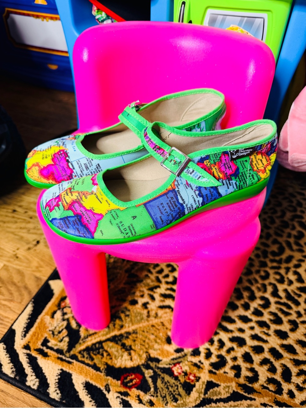 Map-Print Mary Jane Flats in Bright Green